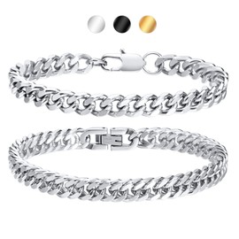 Gamtic Men's/Boys' Stainless Steel Bracelet, 2 Pieces, Silver/Black/Gold, Curb Chain, 19/21/23 cm, Gift for Him Dad, Boyfriend, Husband, Brother, Stainless Steel, No gemstone