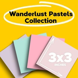 Post-it Notas superadhesivas de papel 100% reciclado, 2 veces el poder de pegado, 3 x 3 pulgadas, 24 almohadillas para orejas/paquete, 70 hojas/bloque, colección Wanderlust Pastels (654R-24SSNRPCP)