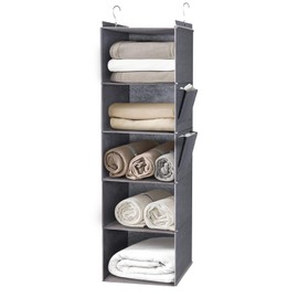 DPWEION Hanging Storage Shelves with 5 Shelves Foldable Hanging Wardrobe Closet Organiser Unit with 2 Side Pockets for Clothes Accessories for Bedroom (Grey)