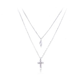 Iborov Layered 925 Sterling Silver Pendant Necklace Zirconia Cross and Teardrop Design Women’s Jewelry Gift for Birthday Anniversary Wedding Christmas, 42 cm, Sterling Silver, No Gemstone