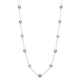 10k White Gold Multicolored Pink Cultured Freshwater Pearl Chain Station Tin Cup Necklace, 18"