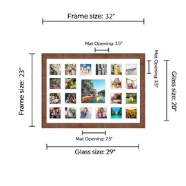 Brown Collage Frame With Mat - 20"x29" Outer Solid Wood Frame For Twenty 4"x4" and (1) 8"x8" Photos Rustic Brown Matted Instagram 4x4 Collage Photo Frame with Mat with Multi Opening Picture Matte