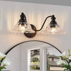 20 Inch 2-Light Vintage Bathroom Wall Sconce,Elegant Black Metal and Glass Lampshade Vanity Light Fixture(Bulb Not Included)Lamp Power(W): 18