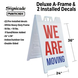 We Are Moving 24" x 36" Double Sided A-Frame Sidewalk Sign Includes 2 Installed Decals Foldable Portable White Signicade Sandwich Board Business Transition Clear Messaging Professional Signage