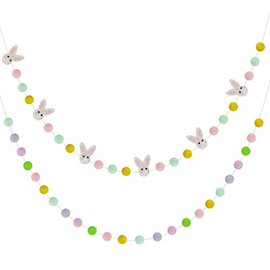 CIEOVO 2 Pieces Wool Felt Rabbit Ball Garland Easter Colorful Pom Pom Garland Handmade Wool Felt Ball Garlands Easter Bunnies Hanging Garlands for Wall Easter Spring Birthday Party Home Decoration