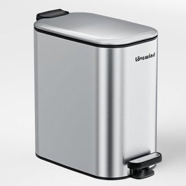 LOVEWIND Bathroom Trash Can with Lid, 1.6 Gallon/ 6 Liter Stainless Steel Garbage Can with Removable Inner Bucket, Step Pedal Wastebasket-Narrow Waste Bin for Bathroom, Toilet, Office, Bedroom, Silver