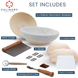 Bread Proofing Basket Set of 2 - Round 9" Sourdough Bread Baking Supplies w/Linen Liner, Scrapers, Scoring Lame, Whisk, Blades Banneton Proofing Baskets - Sourdough Starter Kit for Beginners