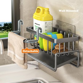 ONEORNEVER Wandmontierter Spülbecken-Caddy für die Küche, Geschirrspülbecken-Aufbewahrungsregal, Arbeitsplatte, Haushaltsschwammhalter mit Schnellabtropfschale, Grau