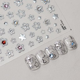 5D Embossed Star Art Stickers Decals Metallic Silver Stars Nail Decals with Colorful Star Rhinestones Design Cute Self-Adhesive Manicure Sliders for Women Spring Summer DIY Nail Art Decorations