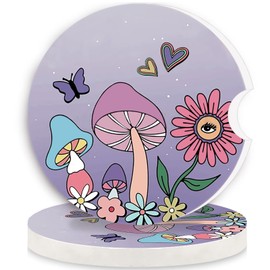 Car Coasters 2 Pack,2.56" Ceramic Stone Car Cupholder Absorbent Coaster Set for Women Men Drink Cup Holder Coasters Car Accessories(Skull Sunflowers) (Purple Mushroom)