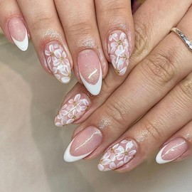 Floral White French Tip False Nails Medium Almond, SXVME Glitter White Press on Nails with Floral Designs Full Cover Acrylic Fake Nails Press ons Spring Bling Stick on Nails for Women 24 Pcs