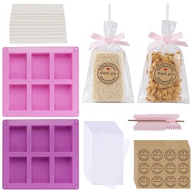 Rice Crispy Treats Wrapping Kit, 100 Pcs Clear Rice Krispy Treat Bags, 120 Stickers, 100 Pink Ribbons, 100 Sticks, 2 pcs Silicone Crispy Cereal Bar Molds for DIY Party Dessert Packaging
