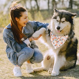 Dog Bandanas & Matching Scrunchie Set Flower Dog Scarf Bibs with Bow Scrunchies for Medium Large Dogs & Pet Owner