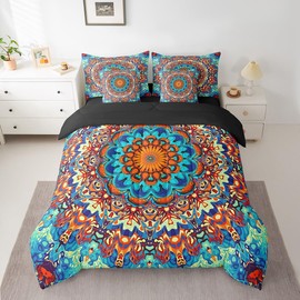 Boho Mandala Twin Comforter Set 7-Piece Art Deco Vintage Bedding Comforter Sets, Retro Bohemian Bed in a Bag Paisley Bedding Set, Oriental Medallion Bed Sheets Set Colorful Aesthetic Bedroom Decor