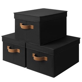 StorageWorks Storage Boxes with Lids, Storage Boxes with PU Handles, Fabric Boxes for Closet, Shelves, Stackable Organiser Boxes with Lids for Clothes, Toys, Black, Large, 3 Pack