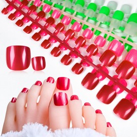 ELEVENAIL 5 Packs Press on Toenails Red Pink Green Nude Toenails Reusable Toe Nail Art Tips Short Squoval False Nails Salon Manicure Kits Reusable Acrylic Nails Fake Toenails