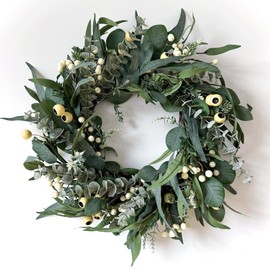 HomeKaren Wreaths for Front Door 22 Inch, All Season Greenery Wreath Olive Eucalyptus Leaves and White Mixed Berry for Indoor Outdoor Farmhouse Home Porch Wall Window Festival Wedding Decor