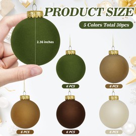 30 Pcs Velvet Christmas Ball Ornaments, 2.36 Inch Christmas Tree Ball Ornaments Flocked Plastic Balls Xmas Hanging Decorations for Tree Holiday Party (Brown, Green, Khaki, Beige, 2.36 Inch)
