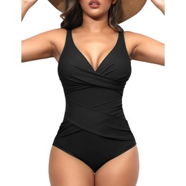 LONTANO One Piece Bathing Suit for Women Ruched Swimsuits for Women Tummy Control Swimming Suits for Women Black