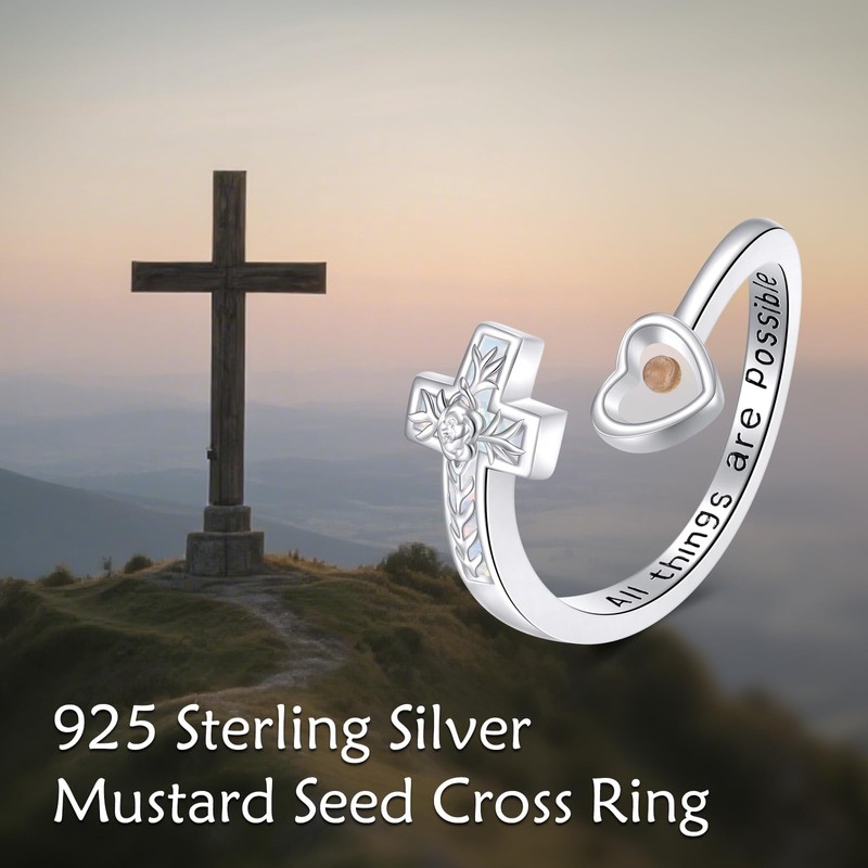 Mustard Seed Cross Ring 925 Sterling Silver Opal Mustard Seed