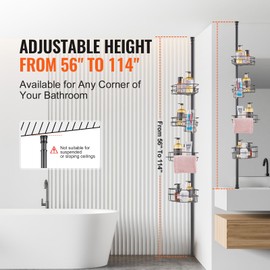 Happybuy Shower Corner Caddy Tension Pole,Multi-Functional Shower Tension Pole with Strong Load-Bearing Tray, Rust-Proof Easy-to-Install Tension Pole,56" to 114" High