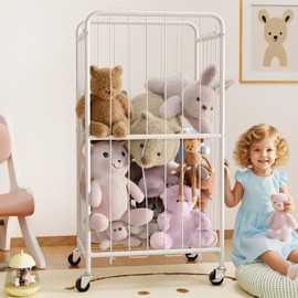 210L Stuffed Animal Storage, Kid Plush Toy Organizer with Wheels, Animal Zoo Toy Holder with Metal Frame & Elastic Cord for Living Room Nursery Playroom Bedroom Kids Toddler Room Space Save (White)
