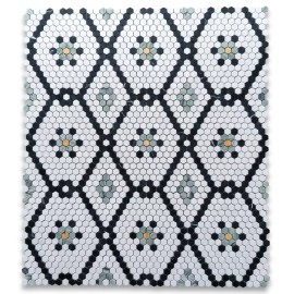 Stone Center Online T31F6XH Thassos White Marble Hexagon Snowflake Mosaic Tile Black Green Gold