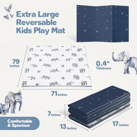 Motherly Haven 79x71 Foldable Baby Play Mat for Floor, Extra Large Reversible Foam Play Mat for Babies 6-12 Months, Waterproof Portable Foam PlayMat for Tummy Time for Toddler - Elephant and Hearts