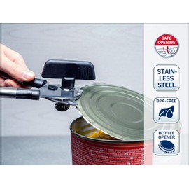 Leifheit Dosenöffner ProLine-Serie, für einfaches Öffnen ohne Kraftaufwand, Deckelöffner aus hochwertigem Edelstahl und schwarzem Kunststoff, in edlem Design, mit praktischer Aufhängeöse, silber