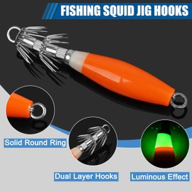 Luminous Squid Jig Hooks Kit Saltwater Glow Squid Fishing Jigs Fluoresent Cuttlefish Sleeve Octopus Fishing Bait Lure Hook Night Fishing Hard Squid Lures Set with Tackle Box(5 Color Mixed-10pcs)
