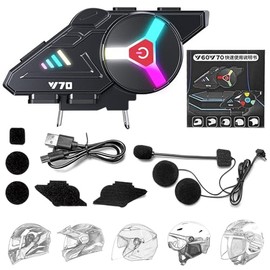 Auricular Bluetooth para motocicleta con micrófono, comunicación intercomunicada vía Bluetooth 5.3, IP67 resistente al agua, conexión simultánea a dos dispositivos y 5 pegatinas reflectantes (negro)