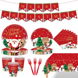 Christmas Dinnerware Set Serves 25, Santa Claus Party Supplies for Kids and Adults, Includes: Xmas Plates, Cup, Paper Napkins, Forks, Tablecloth, Merry Christmas Banner, Snowflake Decorations
