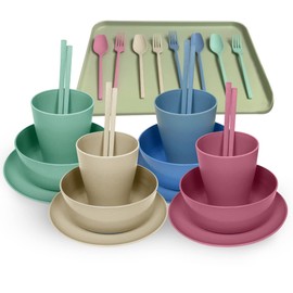 Lilymeche Concept | Unbreakable Wheatstraw Dinnerware Set of 17 Pcs | Colorful Dishwasher Safe & Microwave Safe | Dorm Plate, Cereal Bowl, Spoon, Fork, Cups & Tray For Kids