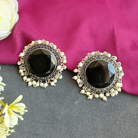 Efulgenz Boho Bohemian Indian Oxidized Jewelry Black Round Big Stud Crystal Earrings Faux Pearl Crystal Earrings Set Oxidized Indian Earrings for Women Big Stud Earrings Antique Statement Earrings Jewelry for Women