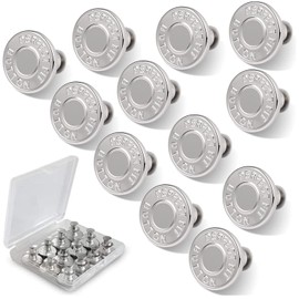 12 Sets Button Pins for Jeans, Jean Buttons Pins for Loose Jeans, No Sew and No Tools Instant Replacement Snap Tack Pant Button, Reusable and Adjustable Metal Pants Button Tightener (Lettering Silver-12Pcs)
