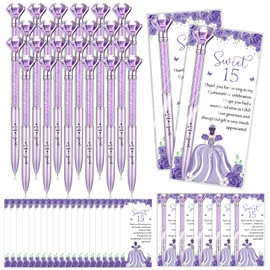 Sayglossy 50 Sets Quinceanera Party Favors Sweet 15th Thank You Gifts Big Crystal Diamond Pens with Thank You Cards Retractable Ballpoint Bling Pens 15 Birthday Mis Quince Gifts for Guests(Purple)