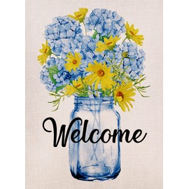 Summer Welcome Garden Flag Hydrangea Mason Jar 12.5 ×18 Inch Vertical Double Sided Blue Flower Yard Outdoor Decoration