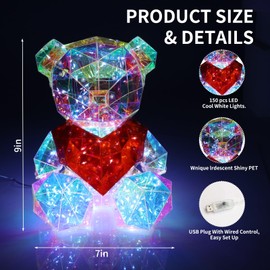 Pyrrhiax Prismatic Rainbow Love Bear - Tabletop LED Teddy Bear Night Light with Red Heart, Colorful Glowing Christmas Interior Decor for Girls and Women