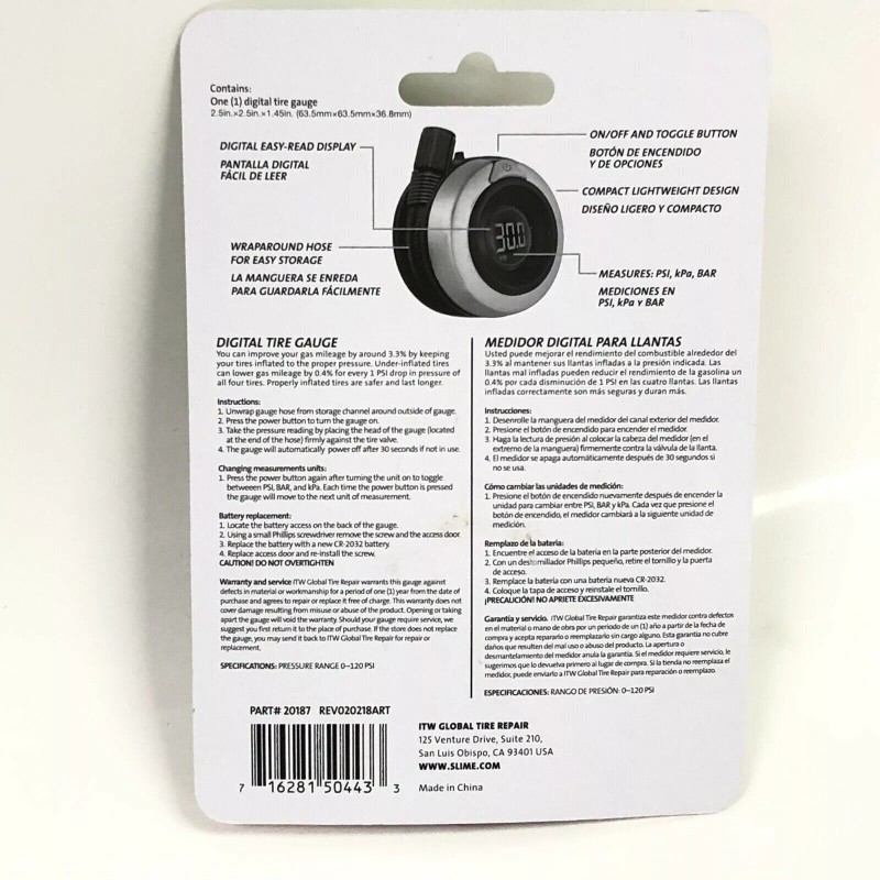 Slime Digital Tire Gauge 0-120 PSI 1-Button Auto Shut Off