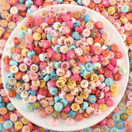 Baiinjiene 1000pcs Acrylic Small Letter Beads Round Letter Beads Colorful Acrylic with Gold Letter Alphabet for Jewelry Making Alphabet Beads (Colorful Gold（Pink）)