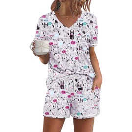 Ekouaer Women's Pajamas Sets Short Sleeve Lounge Sets Sleepwear Casual Two Piece Pjs With Pockets Dog Medium