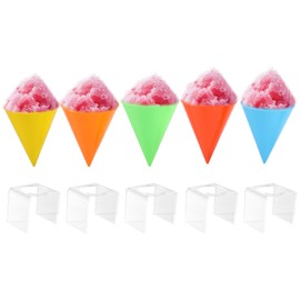5pcs Reusable Snow Cone Cups with 5pcs Acrylic Brackets, 4.1x3.1 Inch Plastic Shaved Slushy Slushie Ice Cream Holder for Nostalgia & Cuisinart Snow Cone Machines (Yellow, Red, Blue, Orange, Green)