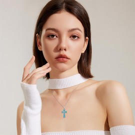 Genuine Turquoise Cross Necklace Sterling Silver Boho Natural Gemstone Necklace Gift for Women
