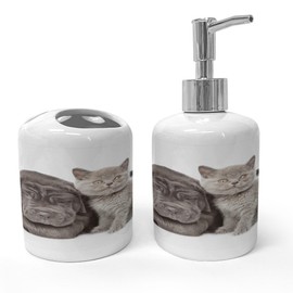 Ambesonne Dog and Cat Soap Dispenser & Toothbrush Holder Set, Neapolitan Mastiff and a Grey Kitten Looking at Camera, Ceramic Bathroom Toiletry Accessories, 2 Pcs, Dark Grey Pale Taupe