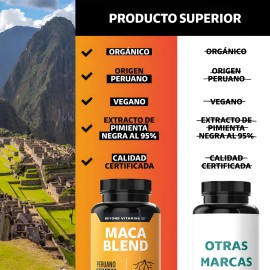 Maca Blend Peruana Orgánica Pimienta Negra Amarilla Roja Azúcar Suplemento Alimenticio Vegano Beyond Vitamins Cápsulas