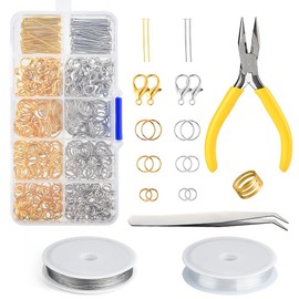 FEPITO Jewellery Making Kit Beginners Tool Kit Jewellery Repair Kit Silver and Gold Lobster Clasp Open Jump Rings and Pin Jewellery Accessories Kit with Pliers