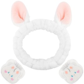 WHAVEL 3PCS Spa Headband Headband and Wristband Set, Cute Bunny Ears Headband for Washing Face Makeup Headband Facial Headband Wrist Towels Arm Bands for Washing Face (Bunny, White)