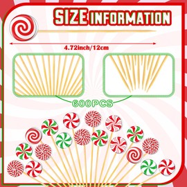 Pickmesh 600 Pcs Christmas Cocktail Picks 4.7 Inch Bamboo Toothpicks Candy Color Cocktail Skewers for Drinks Christmas Party Decorations for Appetizers Fruit Drinks Christmas Party Supplies, 6 Styles