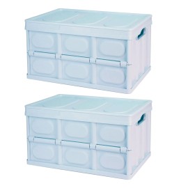 2Pcs 30L Collapsible Storage Bins Dustproof Lid Waterproof Interior Bag Handle Stackable Storage Box Container Utility Organizercolor: Blue Color, size: Size 30L