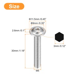 sourcing map Flanged Button Head Socket Cap Screws, 100 Pcs M5x30mm - 304 Stainless Steel Socket Drive Fasteners Bolts, Fully Thread Machine Screws for Furniture Installation (Silver)